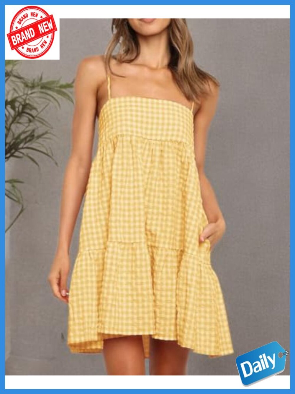 Womens A-Line Sleeveless Mini Sundress with Pockets, Ruffle Hem - Picture 5 of 6